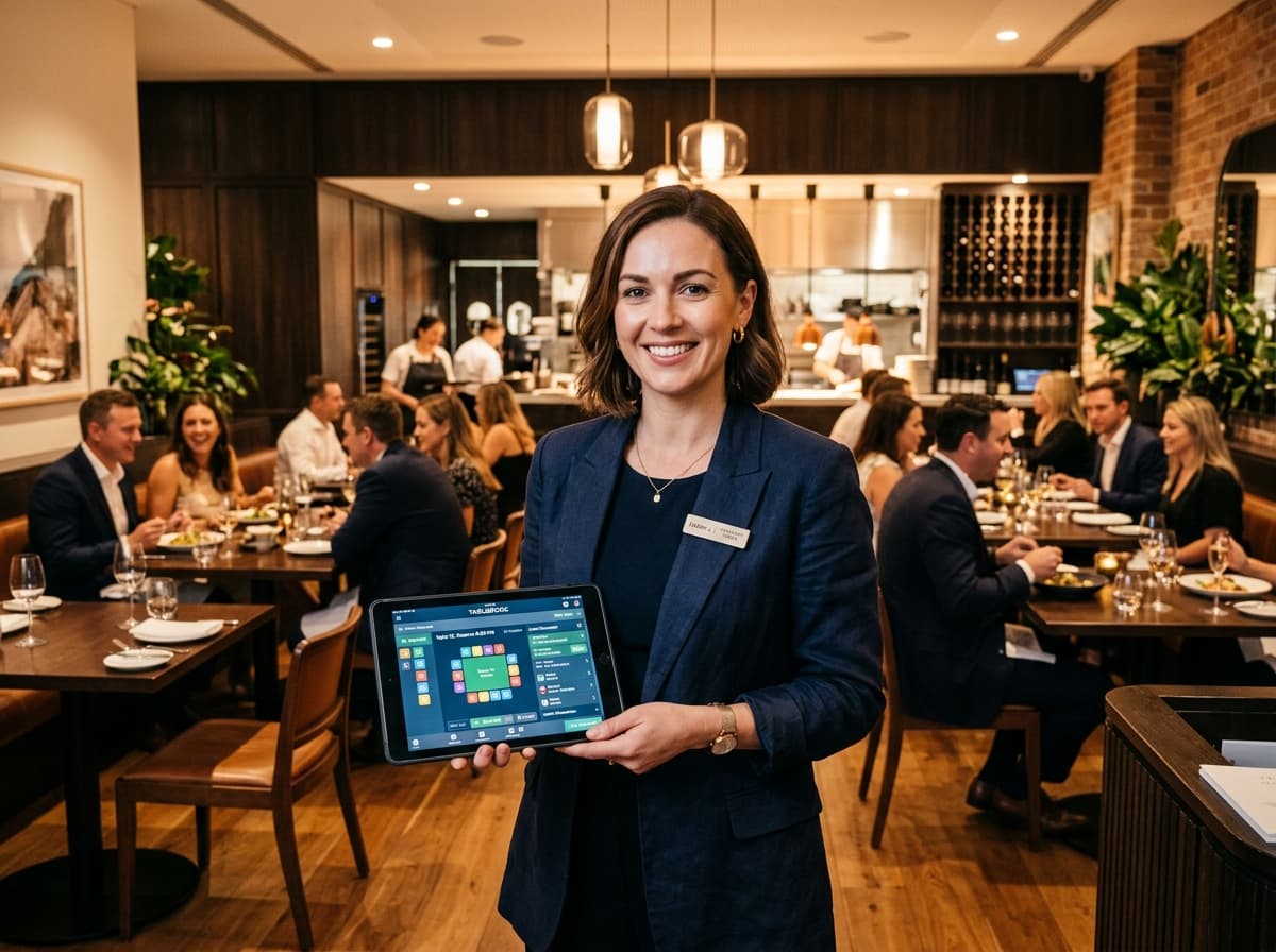 Australian restaurant manager holding a tablet with TableStruck floor plan software