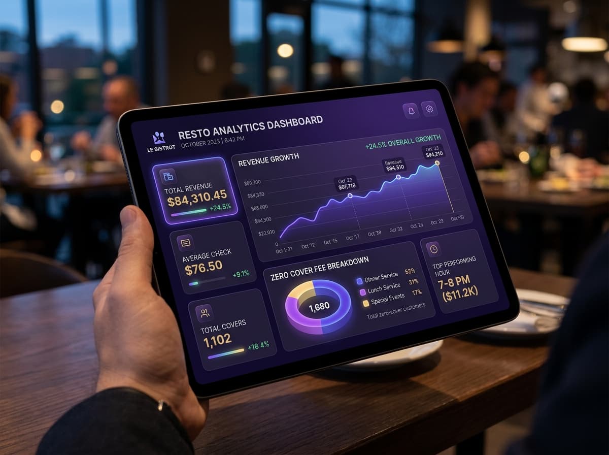 Digital financial analytics dashboard showing restaurant revenue growth and zero cover fees